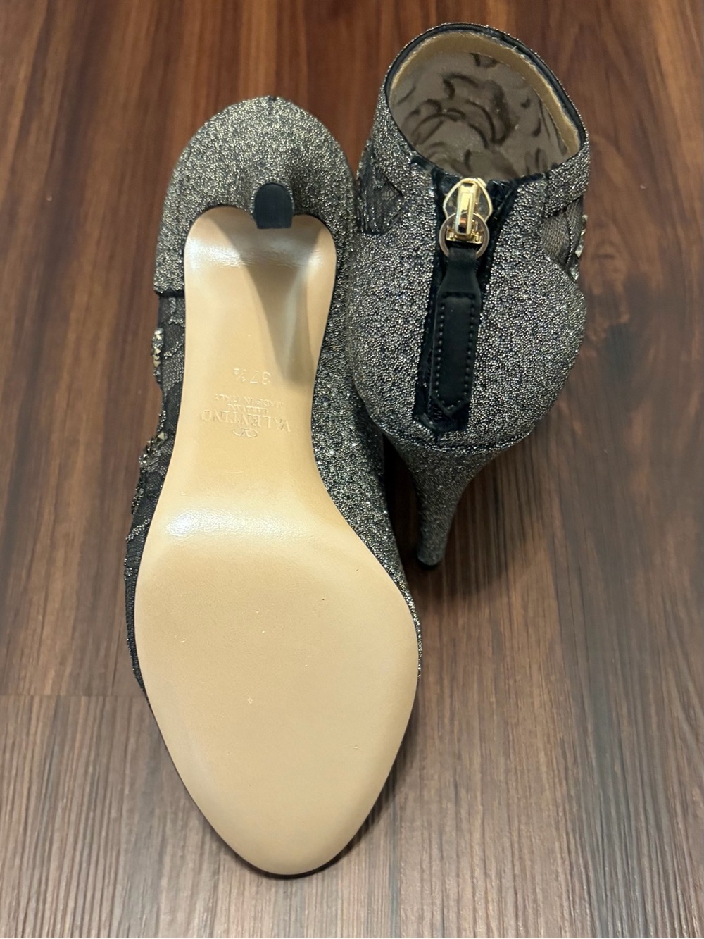 Valentino Garavani Black and Silver Glitter Peep-Toe Stilettos